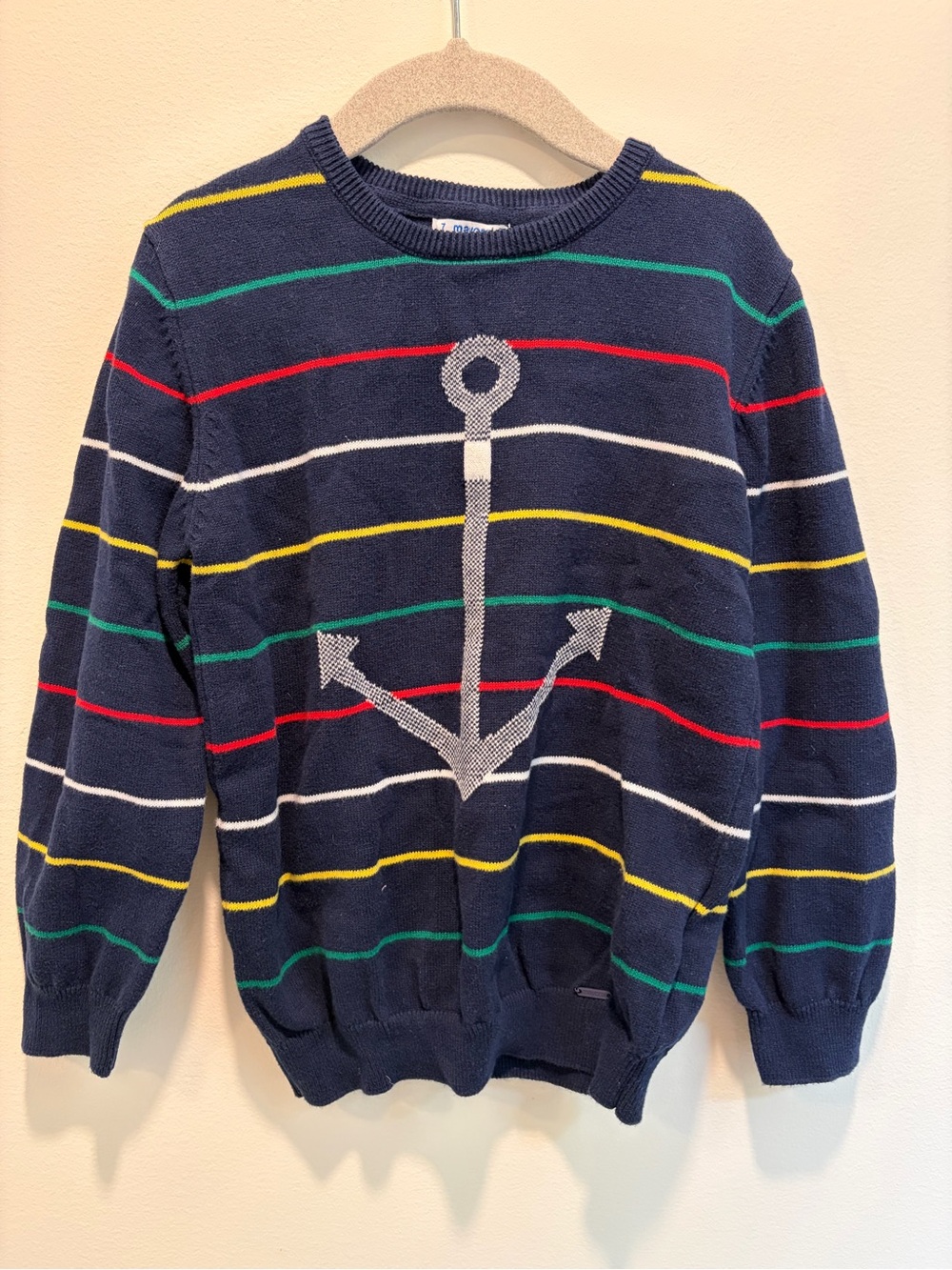 Mayoral Navy Crewneck Sweater with Anchor & Multicolor Stripes